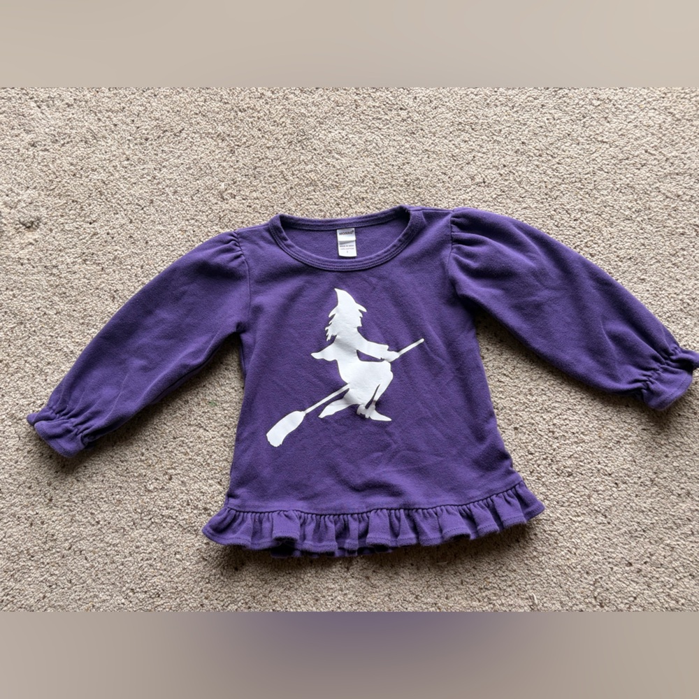 Charming Purple Long Sleeve Kids Tee with Witch Graphic